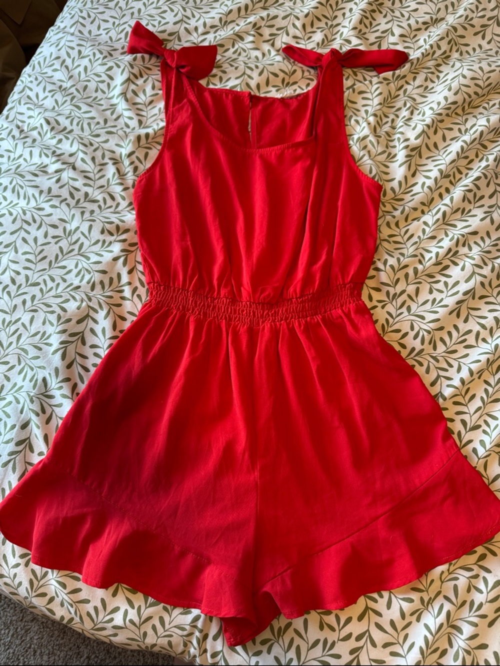 Red Tie-Shoulder Romper